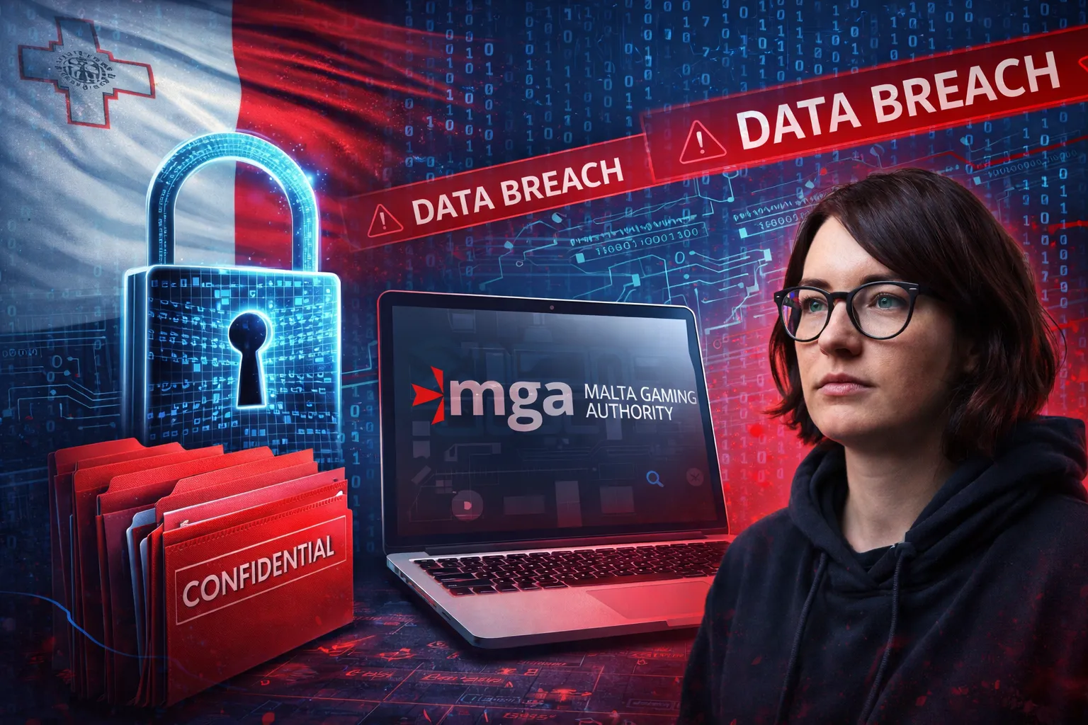 Symbolbild zum MGA-Datenleck mit Malta-Bezug, Cybersicherheits- und Regulierungselementen