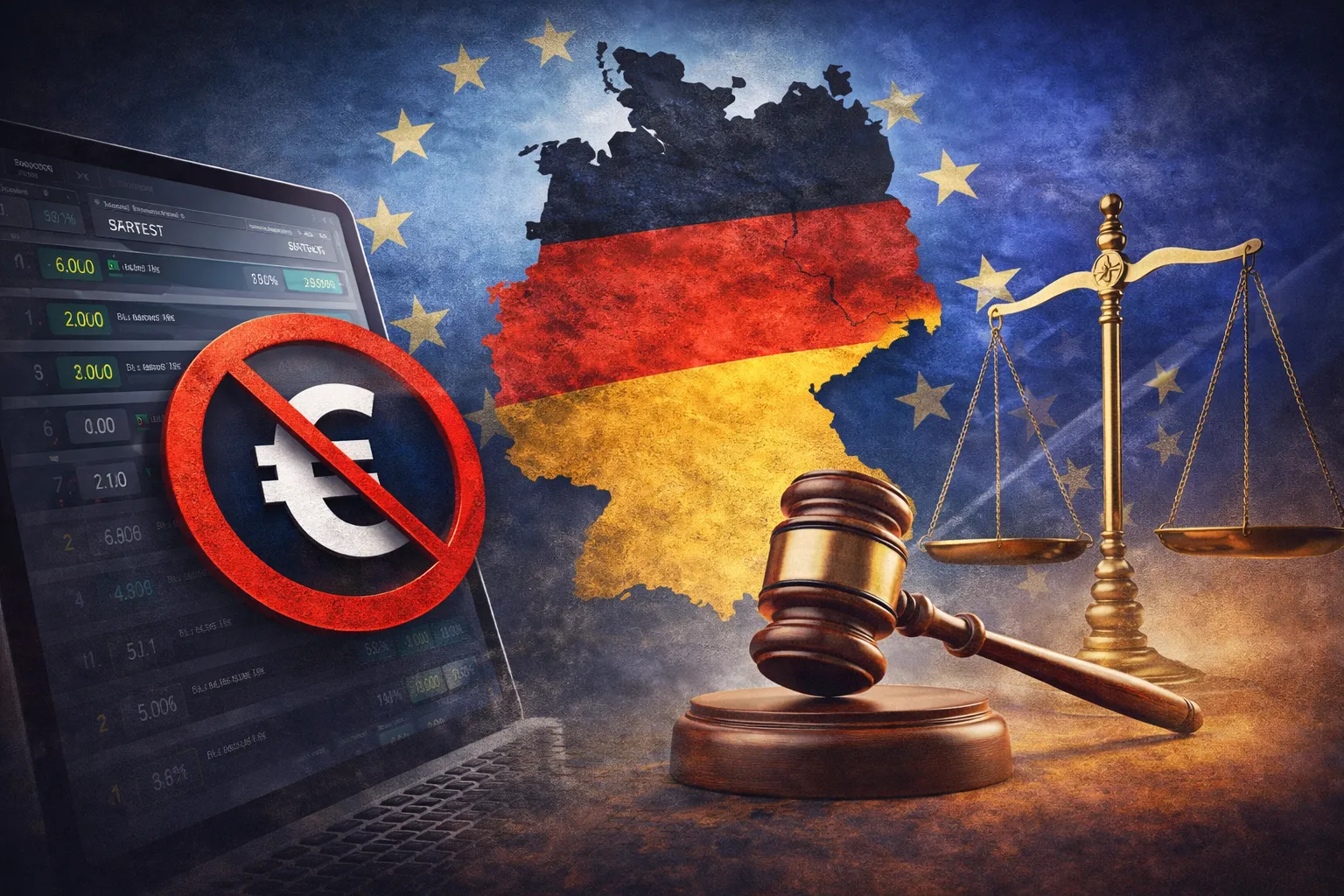 Symbolbild zu deutschen Wettverlust-Klagen mit EU-Bezug, Justizsymbolen und Online-Sportwetten